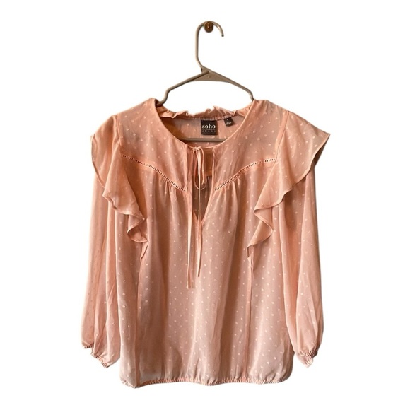 Soho By New York & Co Shirt Women’s Size Large Sheer Blush Pink Polka Dots - Picture 2 of 8